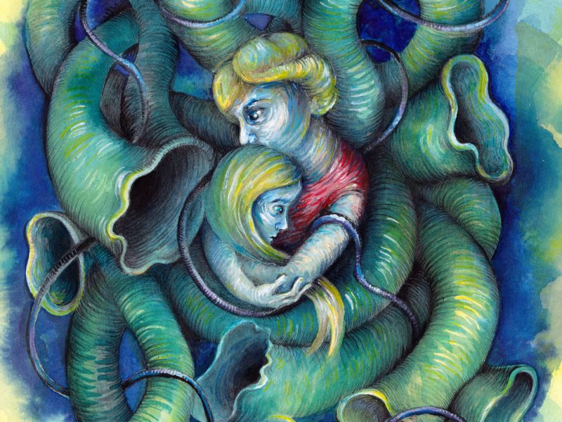 Knotted, bound tight, caught in a bind and pulled from without